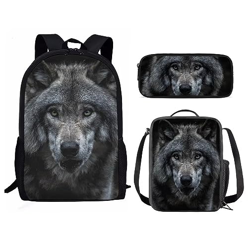 Amzbeauty Kinder-Rucksack für Mädchen, 3-teilig, Geschenk für die Schule, Lavendel, Husky, mit Lunchtaschen, Schulmäppchen, wolf von Amzbeauty