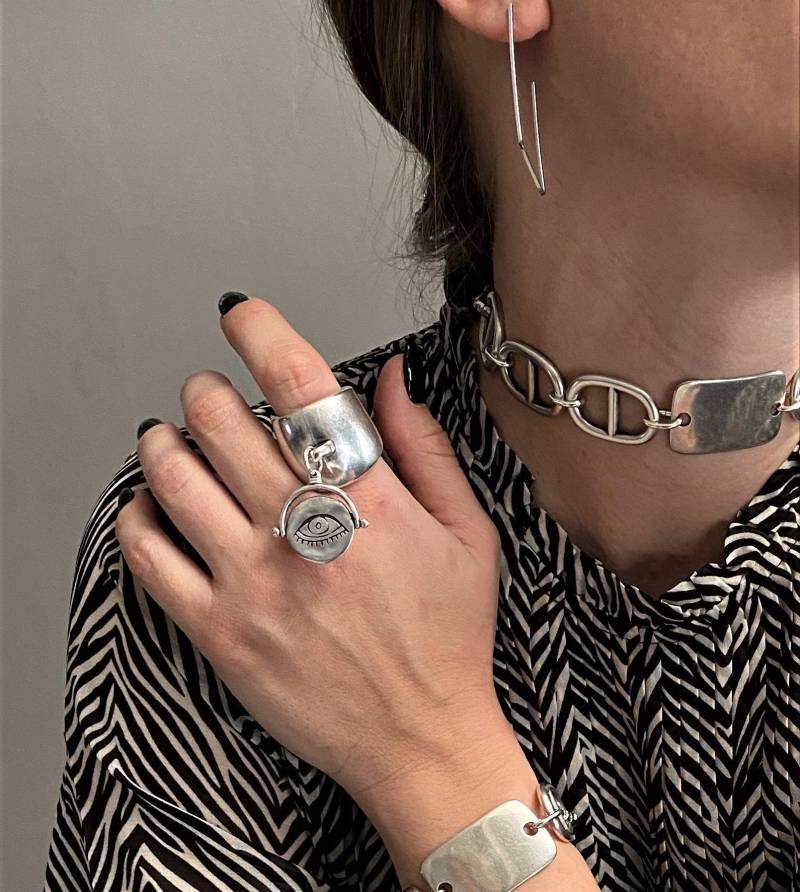 Riesiger Evil Eye-Ring, Statement-Vorhängeschloss Mit Schlüsselring, Schwerer Massiver Antiker Silberring, Großes Versilbertes Medaillon Geschenk von AnAngelsHug