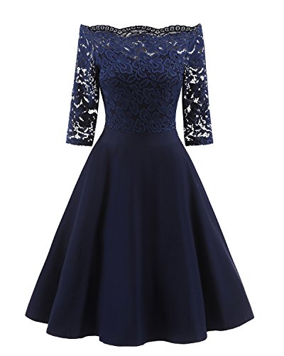 AnKoee Damen Abendkleid, 3/4-Ärmel, Spitzenkleid, schulterfrei, Ballkleid, Hochzeitskleid, marineblau, Small von AnKoee