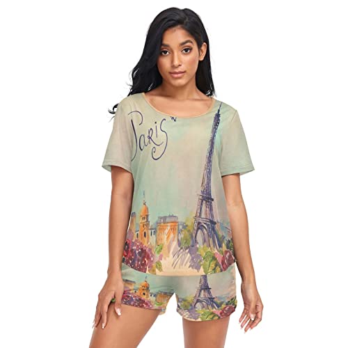 Anantty Damen Schlafanzug-Set Jahrgang Paris Eiffelturm Sommer Pyjama Woman Set, T-Shirt und Shorts Lounge Set Sleepwear Nachtwäsche von Anantty