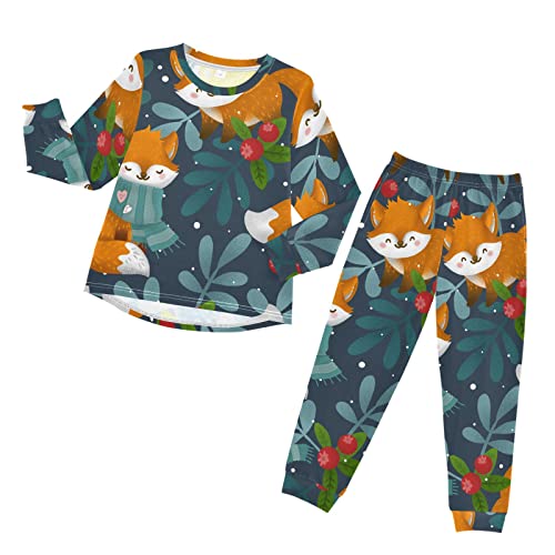 Anantty Kinder Schlafanzug-Set Süß Tier Fuchs Winter Wald Pyjama Woman Set, Lang Nachtwäsche Hausanzug Negligee Sleepwear für Jungen Mädchen von Anantty