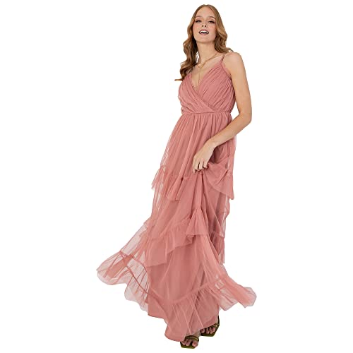 Anaya with Love Damen Ladies Maxi Cami Dress For Womens Strappy Tiered Ruffle Frilly Faux V Neckline Long For Bridesmaids Kleid, Rosa, 46 EU von Anaya with Love