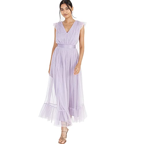 Anaya with Love Damen Ladies Maxi Dress for Women V Neckline Sleeveless Frilly for Wedding Guest Bridesmaid Prom Long High Empire Waist Tiered Kleid, Dusty Lilac, von Anaya with Love