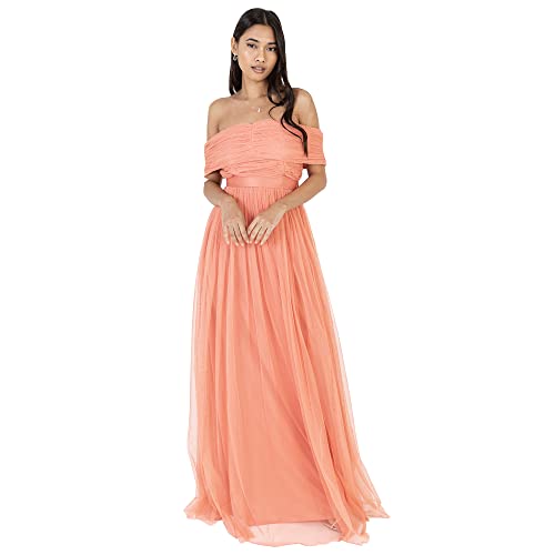 Anaya with Love Damen Womens Ladies Maxi Dress Bardot Off Shoulder with Belt Long Empire Waist for Wedding Guest Prom Evening Gown Bridesmaid Kleid, Coral Pink, 52 von Anaya with Love
