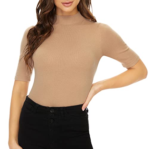 Anbenser Damen Kurzarm Mock Pullover Sweater Strick Jersey Top Slim Fit, CAMEL, X-Groß von Anbenser