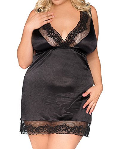 Andalea Damen XXL Dessous Satin Chemise Negligee in schwarz erotisches Nachtkleid Minikleid mit Spitze elastisch Größe: 46/48 von Andalea