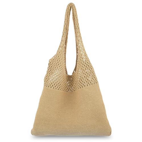 Andibro Gehäkelte Mesh Tote Bag,Boho Sommer Tragetaschen Stricken Hohle Schulter Handtaschen Geldbörse für Damen Urlaub (Khaki) von Andibro