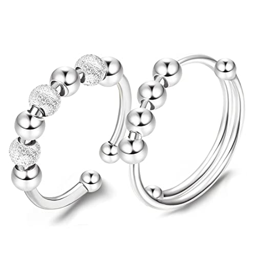 Androxeda 2 Stk. 925 Sterling Silber Angst Ring Swivel Ring mit Perlen Strap Ring Damen Angst Ring Damen Swivel Ring verstellbar von Androxeda