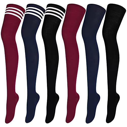 ANECO 6 Paar Overknee-Oberschenkelsocken, kniehoch, warmer Strumpf für Damen, Stiefelsocken, Beinwärmer, hohe Socken für den täglichen Gebrauch, Cosplay, Weinrot, gemischte Streifenfarben, marineblau, von Aneco