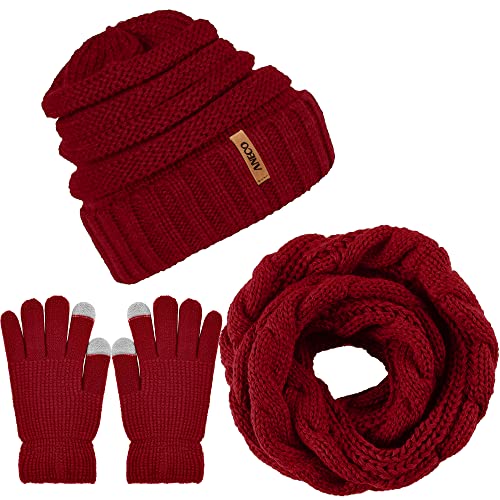 Aneco Winter Warm Strickschal Beanie Mütze und Handschuhe Set Herren & Damen Soft Stretch Mütze Schal und Handschuh Set (Burgund) von Aneco