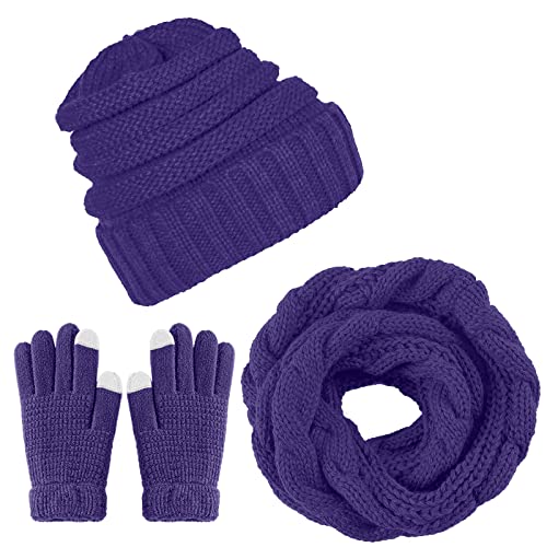 Aneco Winter Warme gestrickte Schal, Mütze und Handschuhe Set, Herren und Damen weiches Stretch-Hut-Schal- und Handschuh-Set. (Lila) von Aneco