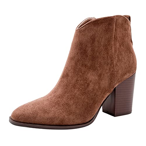 Anfuffjie Damen-Stiefel aus Wildlederimitat mit klobigem Absatz, kurze Stiefel, modische einfarbige Stiefeletten, Stiefeletten mit seitlichem Reißverschluss, High Heels, lässige spitze Schuhe von Anfuffjie