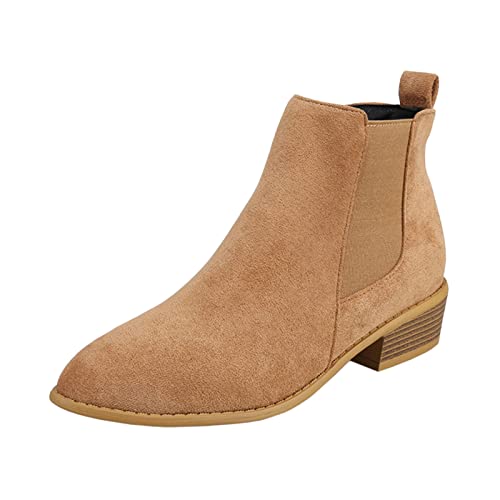 Anfuffjie Modische Wildleder-Stiefeletten für Damen, einfarbig, spitze Schuhe, seitlicher Reißverschluss, dicker kurzer Stiefel mit niedrigem Absatz, Western-Chelsea-Stiefel von Anfuffjie