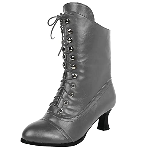 Anfuffjie Viktorianisch Damen Stiefeletten Vintage Gothic Schnürstiefel aus Leder Hochzeit Bier Festival Steampunk (005 Grey, Erwachsene, Damen, 40, Numerisch, EU Schuhgrößensystem, M) von Anfuffjie