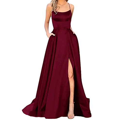 Ballkleider Off Shoulder Kleider Damen Lang Elegant Hochzeit A-Linie Criss-Cross Satin Spaghetti Party Prom Maxi Dress Abendkleider Schlitz Brautkleid Festkleider mit Taschen von Anfuffjie