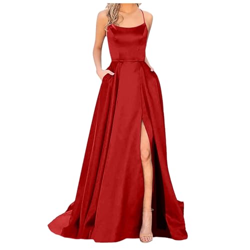 Satin Abendkleid Damen Lange Ballkleider Elegantes A-Linie Ballkleid mit hohem Schlitz Sexy rückenfreies Cocktailkleid Spaghettiträger Abschlusskleid Maxi Partykleid von Anfuffjie