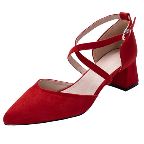 Angbater Damen Pumps Riemchenpumps Spangenpumps Sandale Kreuz Knöchelriemen Blockabsatz mit verstellbarem Schnallenverschluss Rot Size 40 von Angbater