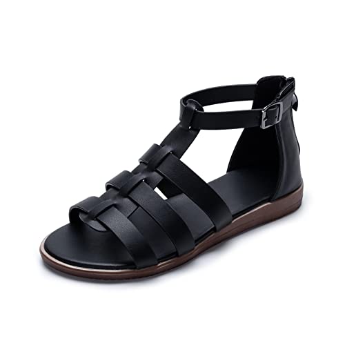 Angbater Damen Sommer Sandalen Open Toe Reißverschlüsse Flache Gladiator Sommer Sandalen Schuhe Schwarz 39 von Angbater