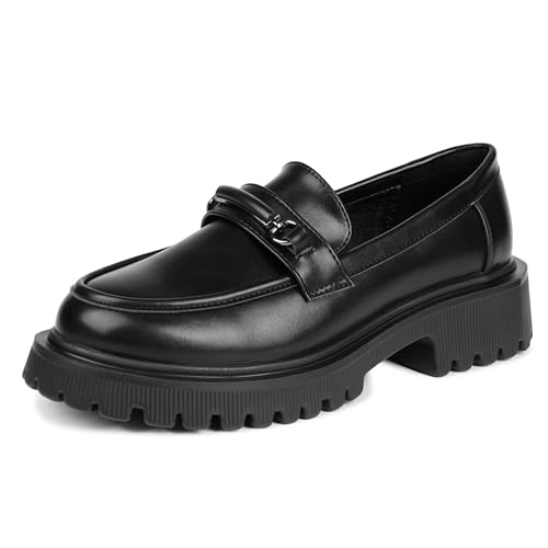 Damen Loafers Leder Oxford Schuhe Slip on Mokassins Chunky Heel Freizeitschuhe, Schwarz, matt, 38 EU von Angbater