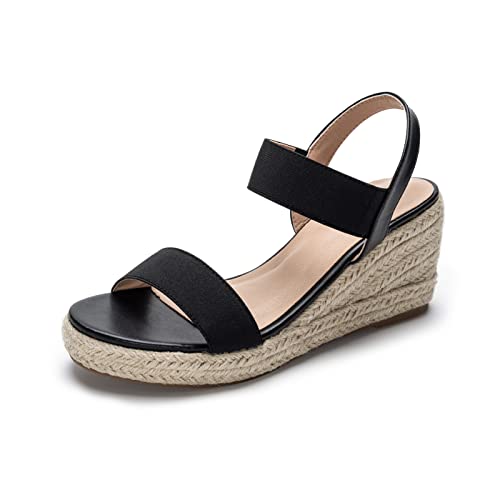 Damen Plateau Sandalette Keilsandalen Espadrilles Offener Zeh Bequeme Outdoor Sandalen, Schwarz, 37 EU von Angbater