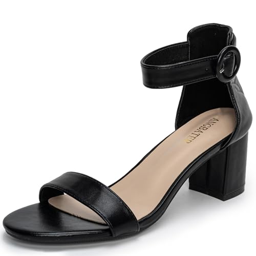 Damen-Sommer-Sandalen mit offenem Zehenbereich, Knöchelriemen, Schnalle, Blockabsätze, Schwarz 011, 37 EU von Angbater