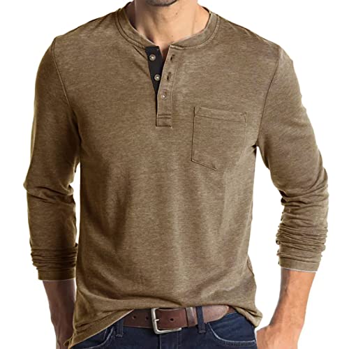 Herren Henley Langarm-T-Shirt, lässig, einfarbig, Khaki1, XL von Angbater