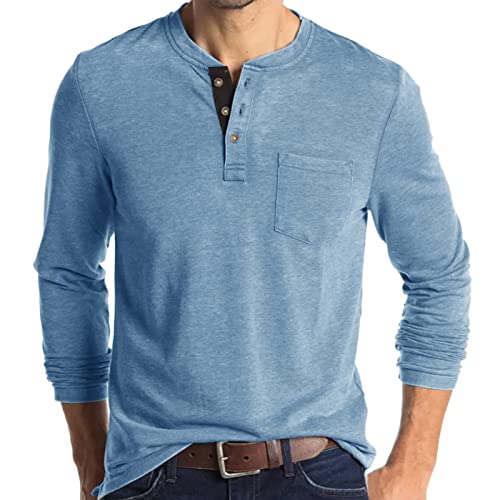 Herren Henley Langarm-T-Shirt, lässig, einfarbig, blau, 3XL von Angbater