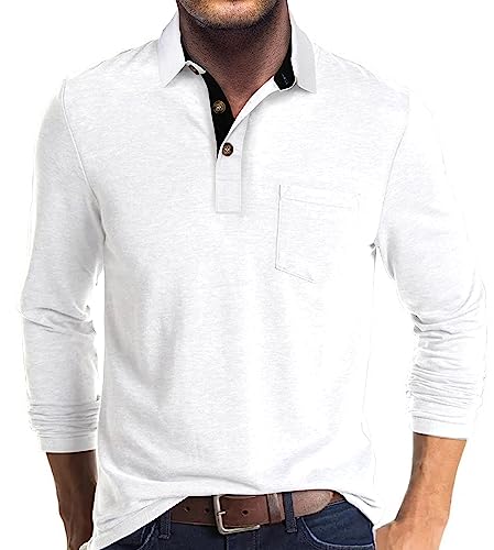 Herren-Polo-Shirt, langärmelig, mit Tasche, lässiges Golf-Shirt, weiß, XXL von Angbater