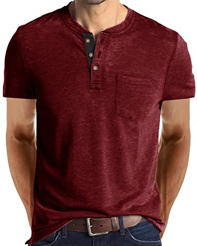 Mode Herren Henley Shirts Klassisch Kurzarm Basic Knopf Baumwolle T-Shirt mit Tasche, Rot-1, L von Angbater