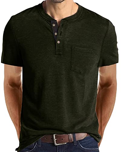 Mode Herren Henley Shirts Klassische Kurzarm Basic Knopf Baumwolle T-Shirt mit Tasche, Grün , L von Angbater