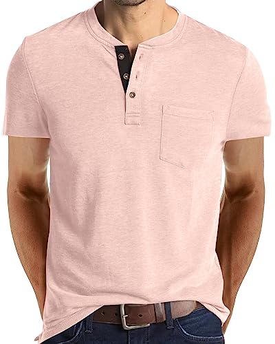 Mode Herren Henley Shirts Klassische Kurzarm Basic Knopf Baumwolle T-Shirt mit Tasche, Pink, XX-Large von Angbater