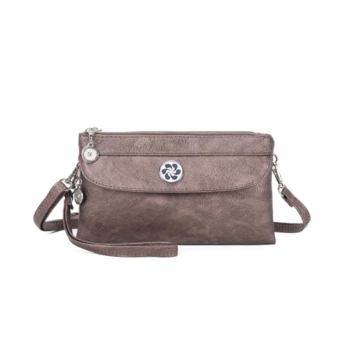 Angel Kiss Damen-Clutch-Geldbörse aus Leder, doppelter Eckreißverschluss, kleine Crossbody-Tasche mit abnehmbarer Handschlaufe, Bronze von Angel Kiss