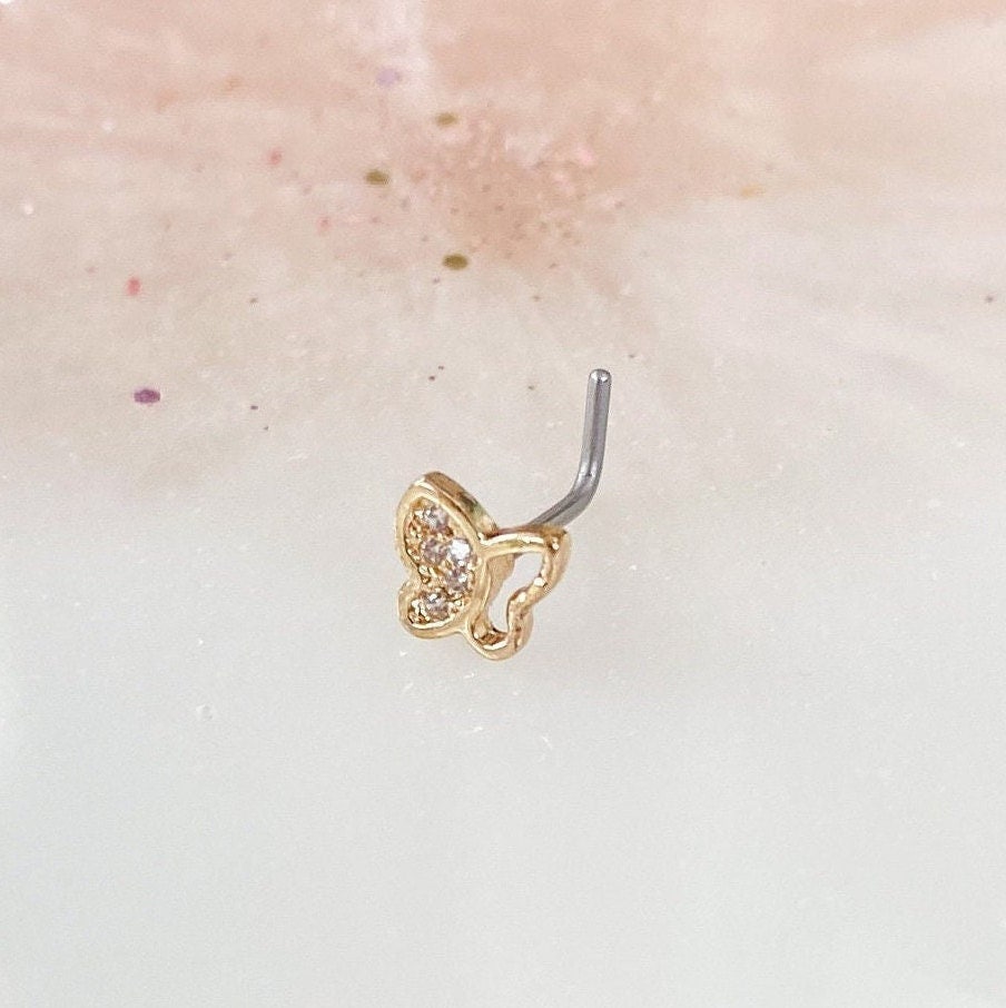 Implant Grade Titanium L-Form Gold Schmetterling Nasenring. 20G. 1/4" von IrisPiercingJewelry