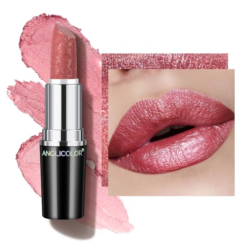 Anglicolor Glitzer Lippenstift Metallic Glänzend Glossy, Shimmer Lipstick Seidig Velvet Langanhaltend Feuchtigkeitsspendende, Vegan Lipgloss Damen Mädchen Make-up (#01 COSMOPOLIS) von Anglicolor