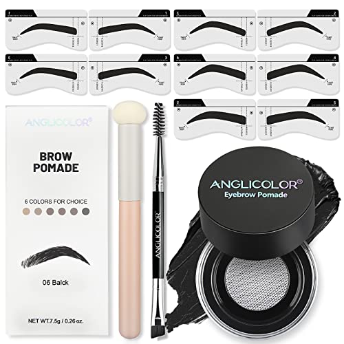 Augenbrauen Schablone und Augenbrauen Stempel Set, Augenbrauen Pomade Kit mit 10 Augenbrauenstempel, Augenbrauen Stift Pinsel und Kosmetische Bürsten, 13 in 1 Make-Up Augenbrauenfarbe-Kit(06 Schwarz) von Anglicolor