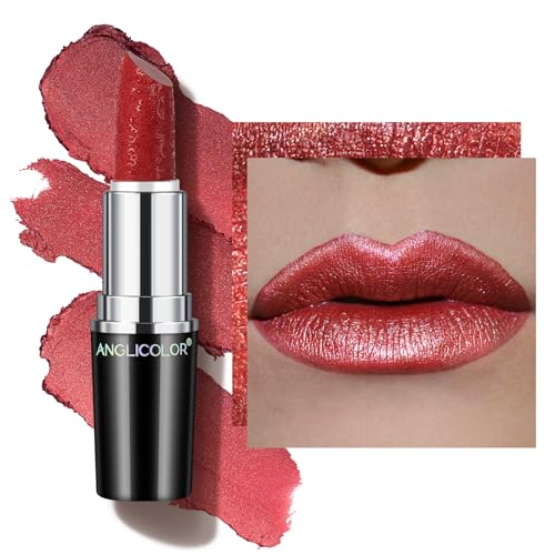 Anglicolor Glitzer Lippenstift Metallic Glänzend Glossy, Shimmer Lipstick Seidig Velvet Langanhaltend Feuchtigkeitsspendende, Vegan Lipgloss Damen Mädchen Make-up (#12 CHERRY BOMB) von Anglicolor