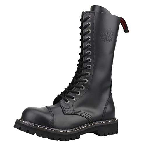 Angry Itch Kampfstiefel Unisex Herren Damen Schwarz Leder 14 Löcher Army Militärstiefel Punk Stahlkappe von Angry Itch