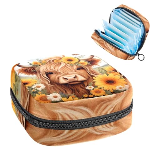 Anna Cowper Highland Cow Sunflower Damenbinden-Aufbewahrungstasche, weibliche Menstruationstassen-Beutel, Stillunterlagen-Halter, Tamponbeutel, tragbare Perioden-Tasche für Frauen, Teenager, Mädchen, von Anna Cowper