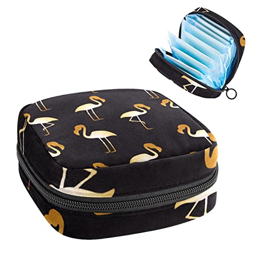 Goldener Flamingo auf schwarzem Hintergrund, Damen-Servietten-Aufbewahrungstasche, feminine Menstruationstassen, Stilleinlagenhalter, Tamponbeutel, tragbare Perioden-Tasche für Frauen, Teenager, Mädchen, 1 Stück von Anna Cowper