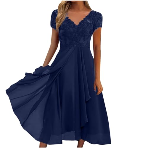 Ansenesna Abendkleider Elegant Für Hochzeit Abendkleid Damen Asymmetrisch Spitze Chiffon Kleider V Ausschnitt Festliche Kleider Frauen Wadenlang Midi Brautjungfernkleid Kurzarm Partykleid von Ansenesna