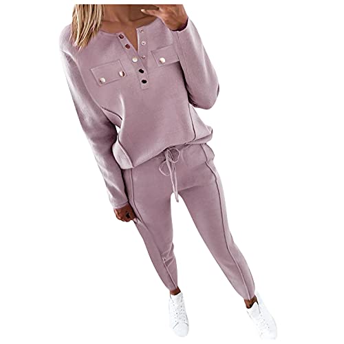 Ansenesna Damen Hausanzug Winter Einfarbig Elegant Bekleidungsset Frauen Zweiteilig Freizeitanzug Anzug 2 Teilig Langarm Oberteile und Hose (Rosa,XL) von Ansenesna