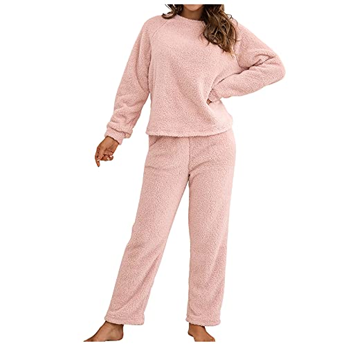 Ansenesna Hausanzug Fleece Damen Flauschig Teddyplüsch Gefüttert Winter Elegant Bekleidungsset Zweiteilig Frauen Teddyfleece Warm Freizeitanzug 2 Teilig Langarm Oberteile und Hose (Rosa,L) von Ansenesna