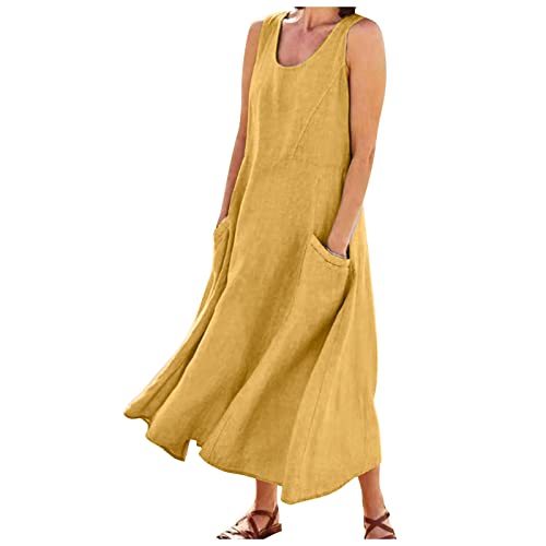 Ansenesna Leinenkleider, Maxikleider Damen Sommer Leinen Lange Sommerkleid Damen Elegant Ärmellos Luftige Sommerkleider Einfarbig Frauen Baggy Kleider Lang Elegante Damenkleider Leichte Strandkleid von Ansenesna