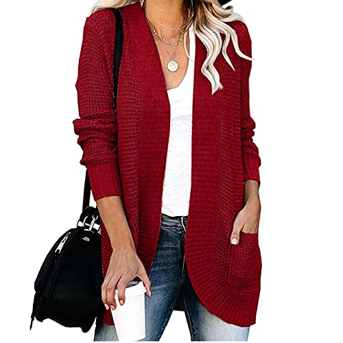 Ansenesna Strickjacke Damen Lang Mit Schalkragen Elegant Cardigan Frauen Grob Strick Zopfmuster Winter Herbst Mantel Einfarbig (Rot,XL) von Ansenesna