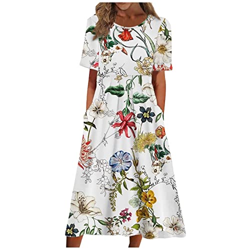 Sommerkleid Damen Blumen Kleider Damen Sommer A Linie Knielang Luftige Sommerkleider Elegant Strandkleid Frauen Blumenmuster Leichte Boho Kleid Kurzarm Elegante Damenkleider von Ansenesna