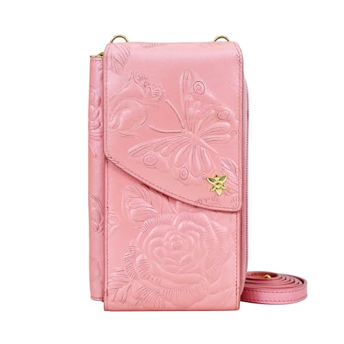 Anuschka Crossbody Handytasche mit RFID Schutz aus pflanzlich gegerbtem Leder, handbemalt - Tooled Rose Pearl Pink Anuschka Crossbody Handytasche mit RFID Schutz aus pflanzlich gegerbtem Leder, handbemalt - Tooled Rose Pearl Pink von Anuschka