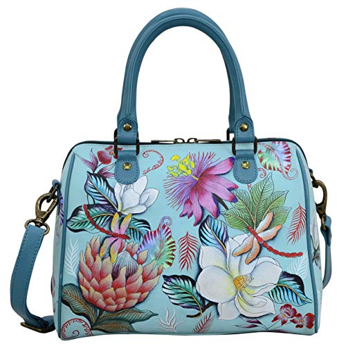 Anuschka Handbemalte Satchel Umhängetasche mit Reissverschluss aus echtem Leder - Jardin Bleu von Anuschka