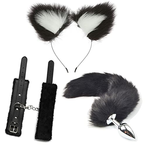 Fuchsschwanz + Fuchsohr Haarband + Handschlaufe Set, langer Fuchsschwanz Cosplay Faux Furry Fox Wolf Tail Kit mit Fox Ohren Haarband und Handschlaufe für Frauen Schwarz von Anzhee