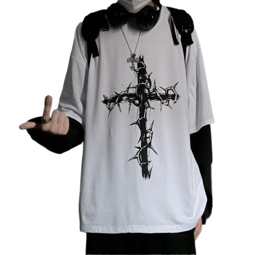 Aobiono Herren Damen Y2K Gothic Cross Sweatshirt Grunge Emo Alt Harajuku Fake Zweiteiliger Hoodie Top Dark Academia Punk Ästhetisch, Weiss/opulenter Garten, X-Large von Aobiono