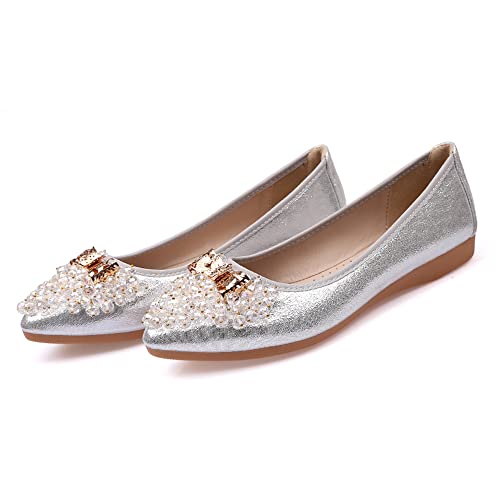 Aoikoy Damen Mädchen Hochzeitsschuhe Klassische Prinzessin Partei Schuhe Glitzer Flamenco Schuhe Slip on Flache Arbeitsschuhe Ballerina Geschlossene Flat mit Strass, A5 Silber, 43 EU von Aoikoy